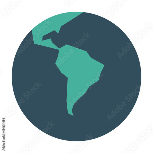 Simplified Earth globe with map of World focused on South America. Vector illustration.