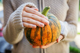 Closeup natural autumn fall view woman hands holding yellow pumpkin. Inspirational nature october or september wallpaper. Change of seasons, ripe organic food concept Halloween party Thanksgiving day