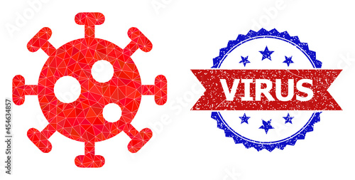 Lowpoly virus polygonal icon illustration, and grunge bicolor rosette seal stamp, in red and blue colors. Mosaic virus is designed with chaotic color triangles.
