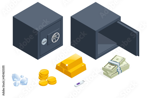 Isometric Set of Security Metal Safes Isolated on White Background. Safe and Financial Security. Metal Cash Box Money Bank Deposit Steel Tin Security Safe Lockable.