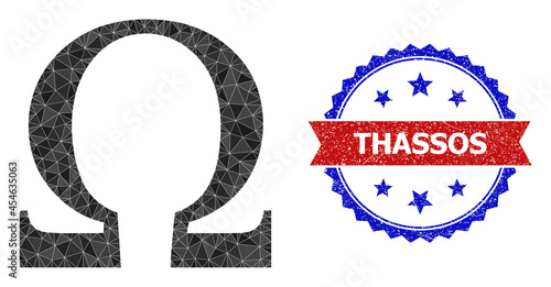 Lowpoly Omega Greek letter polygonal 2d illustration, and grunge bicolor rosette seal stamp, in red and blue colors. Mosaic Omega Greek letter composed from randomized color triangles.