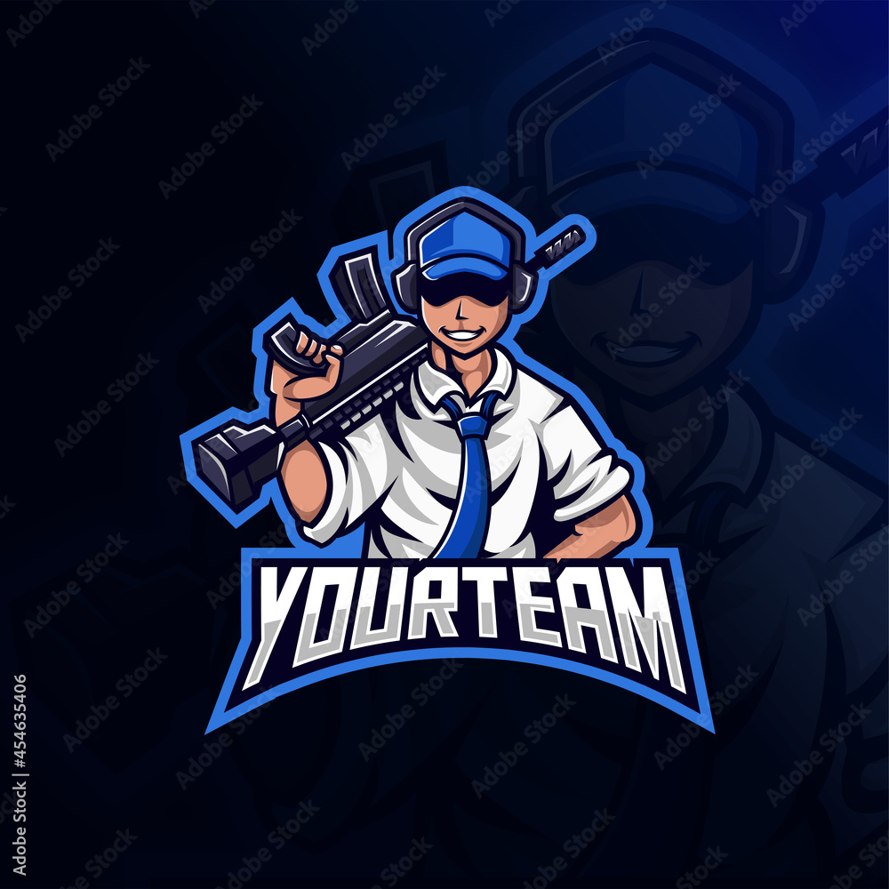 man with blue hat holding gun mascot esport logo design man with blue hat holding gun mascot esport logo design