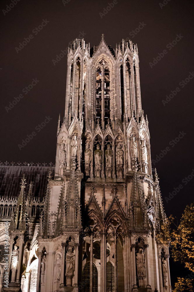 View in details on gothic Roman Catholic cathedral church Notre-Dame in central part of old French city Reims, France View in details on gothic Roman Catholic cathedral church Notre-Dame in central part of old French city Reims, France