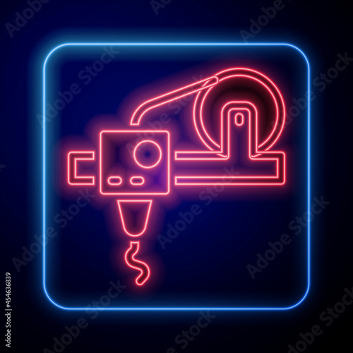 Glowing neon 3D printer icon isolated on black background. 3d printing. Vector