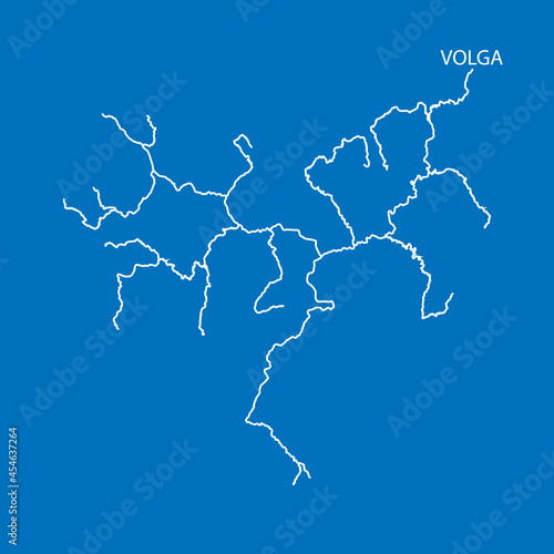Map of Volga river drainage basin. Simple thin outline vector illustration.