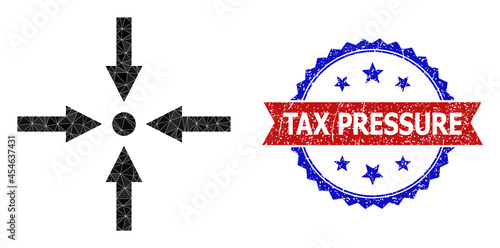 Lowpoly meeting point polygonal icon illustration, and grunge bicolor rosette seal stamp, in red and blue colors. Mosaic meeting point is designed of randomized colored triangles.