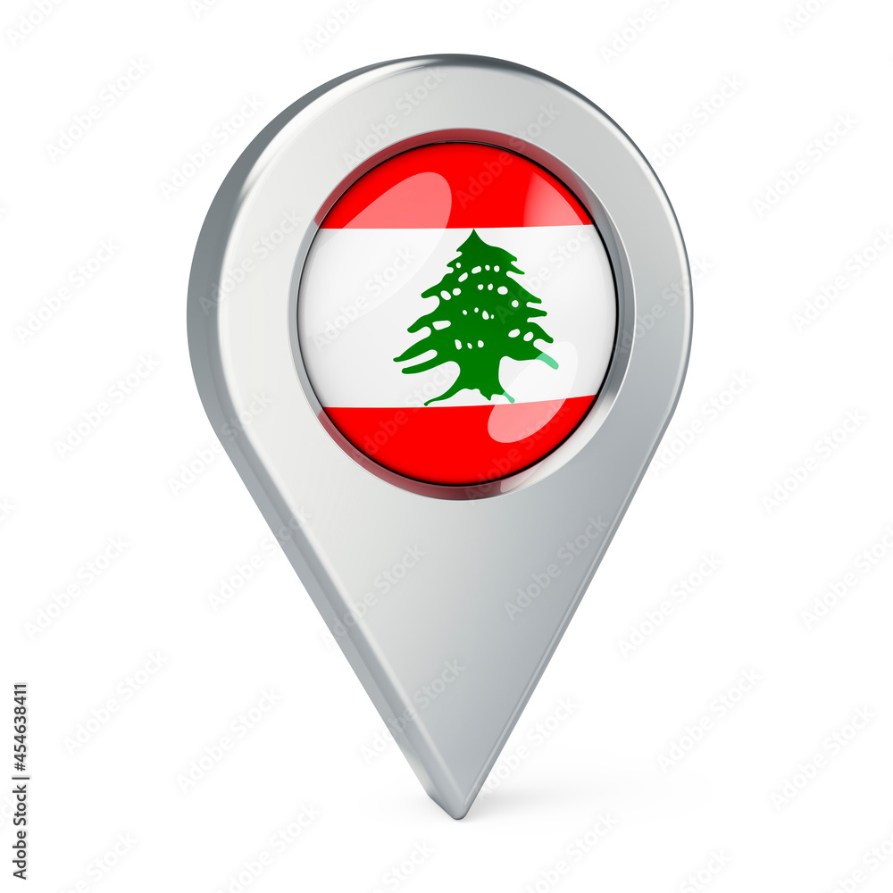Map pointer with flag of Lebanon, 3D rendering Map pointer with flag of Lebanon, 3D rendering