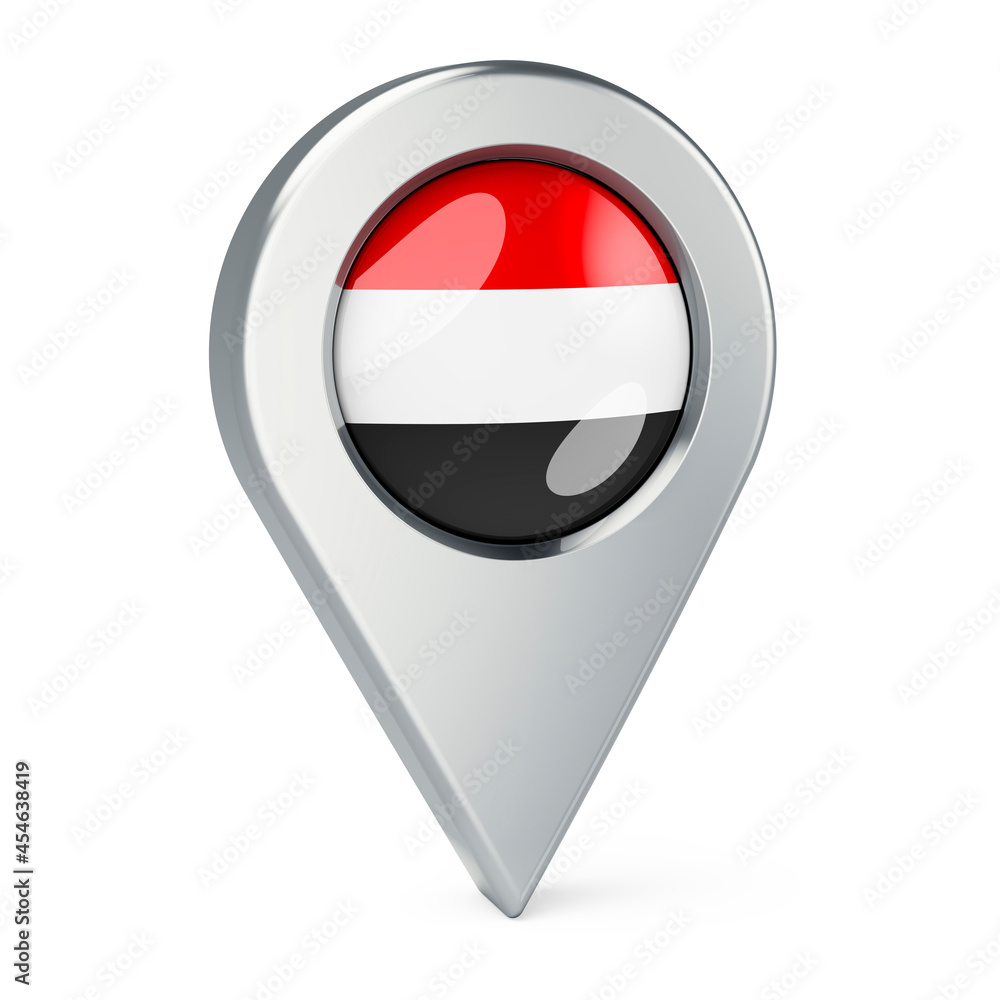 Map pointer with flag of Yemen, 3D rendering Map pointer with flag of Yemen, 3D rendering