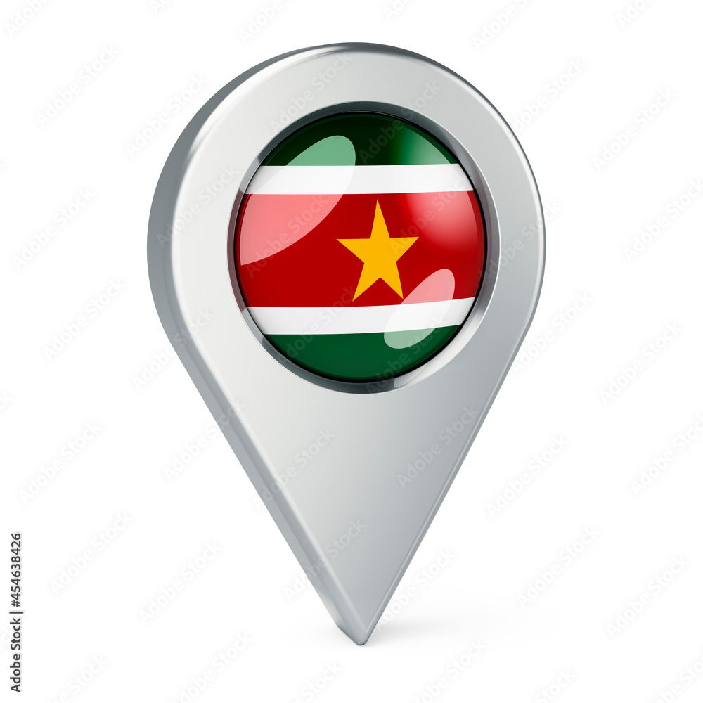 Fototapeta premium Map pointer with flag of Suriname, 3D rendering
