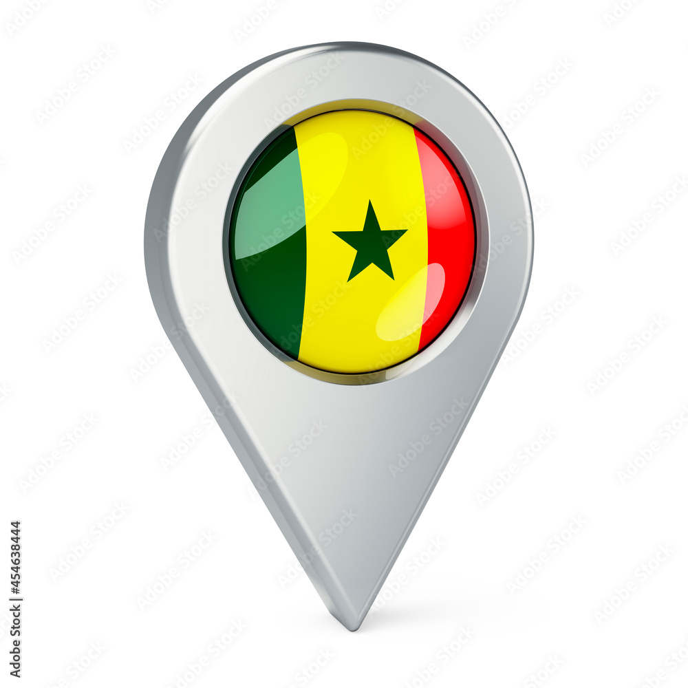 Map pointer with flag of Senegal, 3D rendering Map pointer with flag of Senegal, 3D rendering