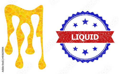 Lowpoly sticky honey drops polygonal symbol illustration, and grunge bicolor rosette seal, in red and blue colors. Collage sticky honey drops is created of chaotic filled triangles.
