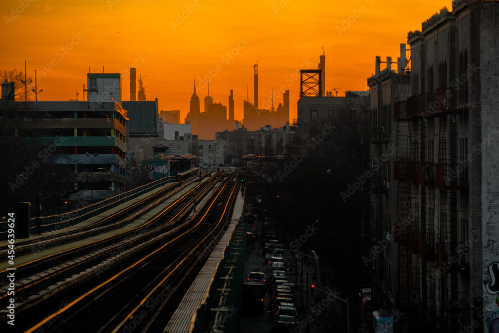 NYC Skyline Sunset with Uptown Train