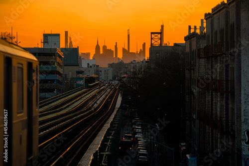 NYC Skyline Sunset with Uptown Train photo
