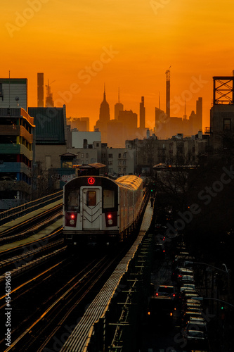 NYC Skyline Sunset with Uptown Train