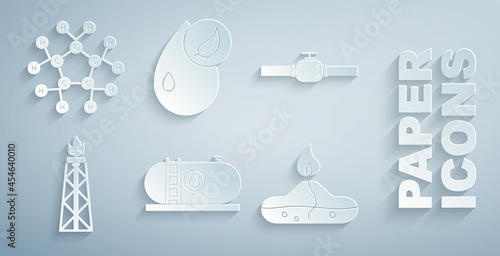 Set Oil industrial factory building, Industry pipes and valve, rig with fire, Alcohol spirit burner, Bio fuel and Molecule oil icon. Vector