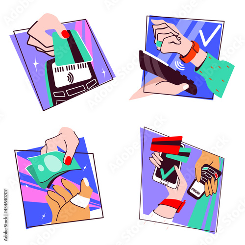 Contactless and cash payments set. POS terminal, smartphone, credit card, smartwatch. Hand holding device. NFC, Credit Card payments. Gray circle background.