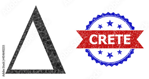 Low-poly Delta Greek letter polygonal symbol illustration, and grunge bicolor rosette badge, in red and blue colors. Collage Delta Greek letter formed with randomized filled triangles.