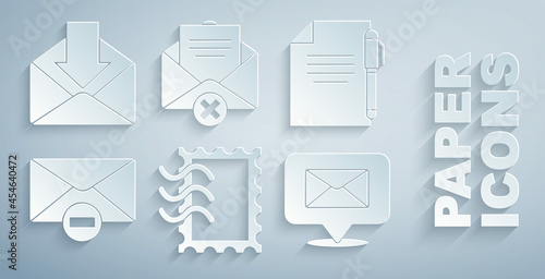 Set Postal stamp, Document and pen, Delete envelope, Speech bubble with, and Envelope icon. Vector