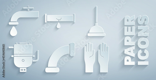 Set Industry metallic pipe, Rubber plunger, Electric boiler for heating water, gloves, Broken with leaking and Water tap icon. Vector