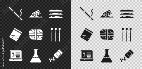Set Cigarette, Cocaine and credit card, or heroin drug, Buying drugs online on laptop, Test tube flask, Medicine bottle pills, Plastic bag of and Package with cocaine icon. Vector