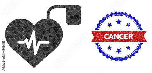 Lowpoly pulse pacemaker polygonal icon illustration, and grunge bicolor rosette stamp, in red and blue colors. Mosaic pulse pacemaker composed with randomized colored triangles.