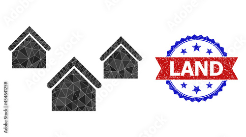 Low-poly village houses polygonal 2d illustration, and grunge bicolor rosette seal, in red and blue colors. Collage village houses is formed with randomized colored triangles.