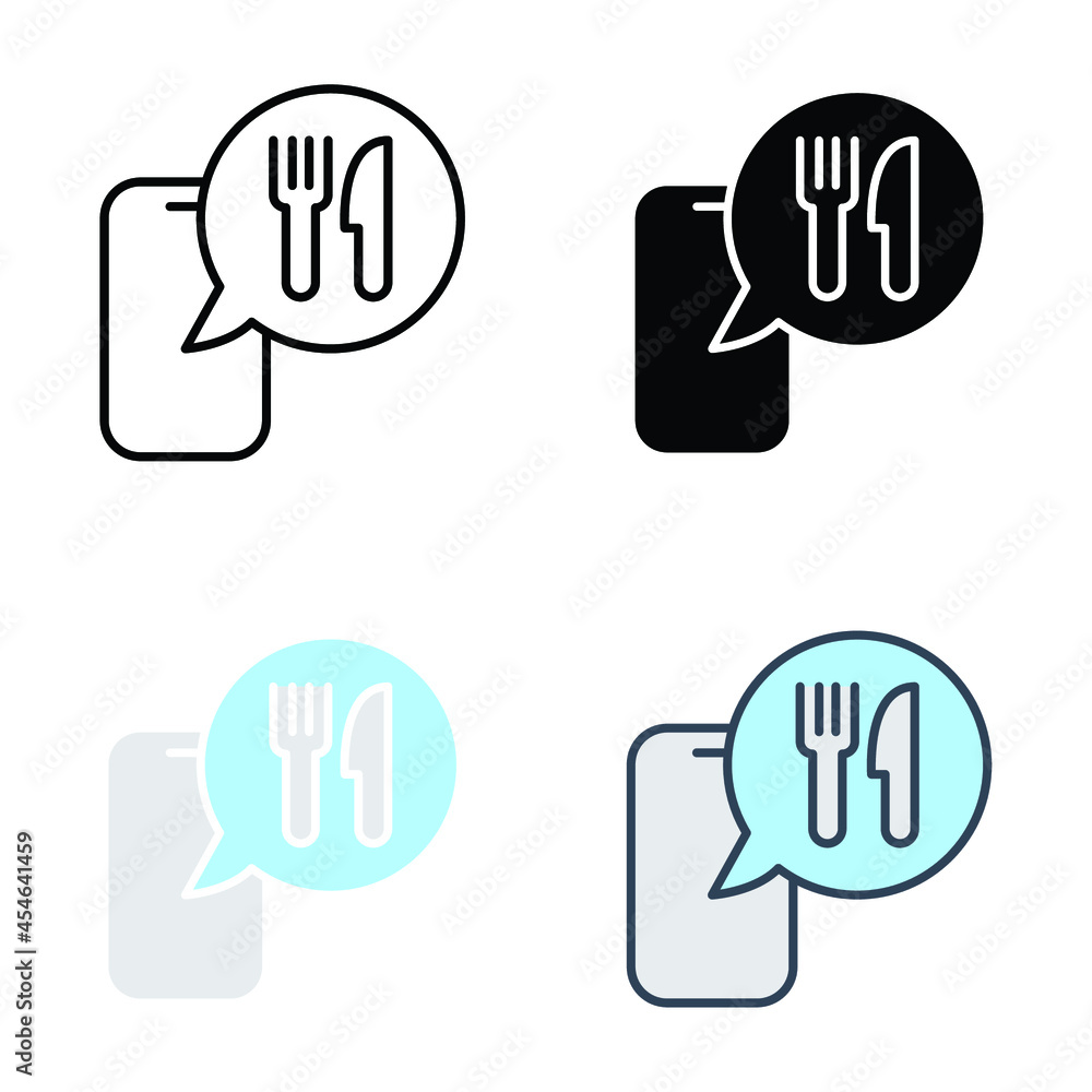 Online food ordering and fast food delivery use mobile phone. Order process concept in for app and web symbol & sign. Phone, delivery food icon. Vector illustration. Design on white background. EPS10 Online food ordering and fast food delivery use mobile phone. Order process concept in for app and web symbol & sign. Phone, delivery food icon. Vector illustration. Design on white background. EPS10