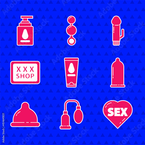 Set Personal lubricant, Penis pump, Heart with text Sex, Condom, shop, Dildo vibrator and icon. Vector