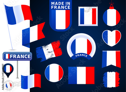 france flag vector collection. big set of national flag design elements in different shapes for public and national holidays in flat style. Post mark, made in, love, circle, road sign, wave