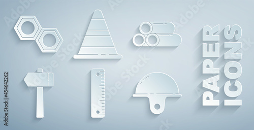 Set Ruler, Industry metallic pipe, Hammer, Worker safety helmet, Traffic cone and Hexagonal nut icon. Vector