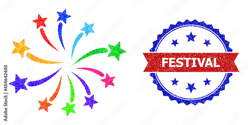 Lowpoly fireworks festival polygonal icon illustration, and grunge bicolor rosette stamp, in red and blue colors. Mosaic fireworks festival is formed of randomized filled triangles.