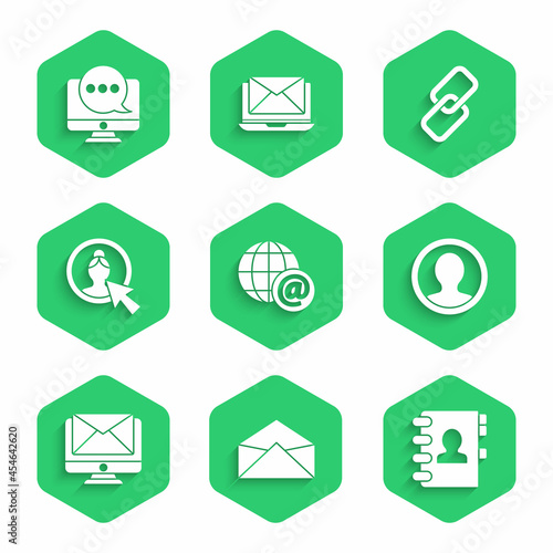 Set Earth globe with mail, Envelope, Address book, Create account screen, Monitor and envelope, Chain link and Chat messages notification monitor icon. Vector
