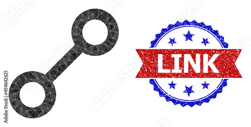 Lowpoly link polygonal symbol illustration, and grunge bicolor rosette stamp imprint, in red and blue colors. Collage link formed with scattered color triangles.