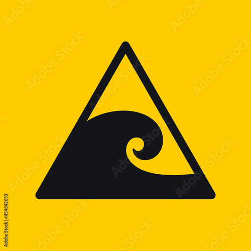 Tsunami be careful. Tidal wave warning sign. Vector icon of danger.
