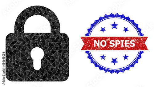 Low-poly lock polygonal icon illustration, and grunge bicolor rosette seal, in red and blue colors. Mosaic lock composed with random filled triangles. Rosette seal uses red and blue colors.