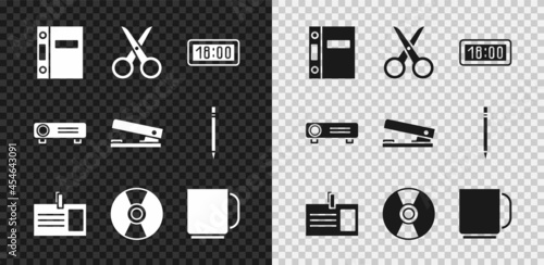 Set Office folders, Scissors, Digital alarm clock, Identification badge, CD DVD disk, Coffee cup, Movie, film, media projector and stapler icon. Vector