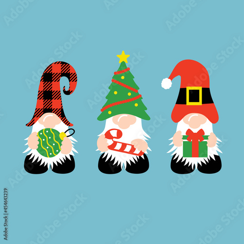 Christmas Gnomes with candy cane, gifts, ornament