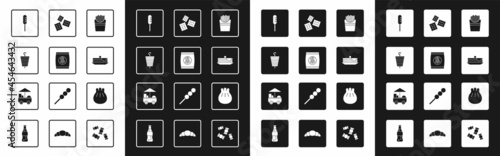 Set Potatoes french fries in box, Hard bread chucks crackers, Grilled shish kebab, Fried sausage, Stack of pancakes, Cracker biscuit, Khinkali on cutting board and Fast street food cart icon. Vector