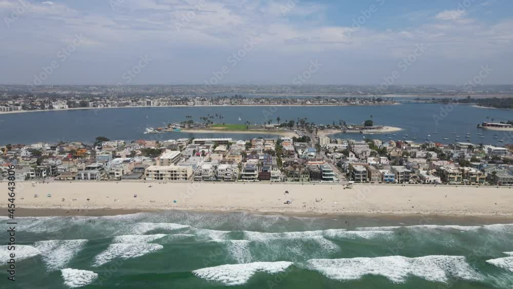 Aerial view of Mission Bay and beach in San Diego during summer, California. USA. Community built on a sandbar with villas, sea port and recreational Mission Bay Park. Aerial view of Mission Bay and beach in San Diego during summer, California. USA. Community built on a sandbar with villas, sea port and recreational Mission Bay Park.