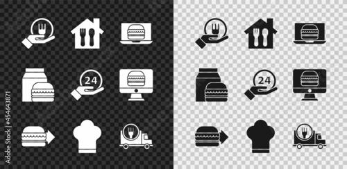 Set Online ordering and delivery, burger, Chef hat, Fast by car, and Clock 24 hours icon. Vector