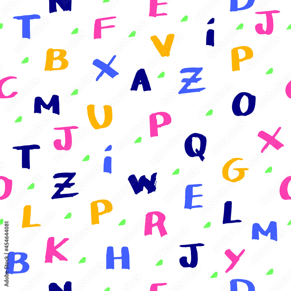 Seamless vector pattern. Letters, school. Hand made writing. Character, ABC, alphabet, typography, illustration. Pen marker. Colorful print for wrapping paper, fabric. Fun, cute for kids. Seamless vector pattern. Letters, school. Hand made writing. Character, ABC, alphabet, typography, illustration. Pen marker. Colorful print for wrapping paper, fabric. Fun, cute for kids.