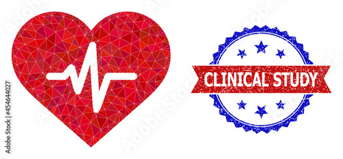 Low-poly heart pulse polygonal icon illustration, and grunge bicolor rosette stamp, in red and blue colors. Collage heart pulse is designed from chaotic filled triangles.