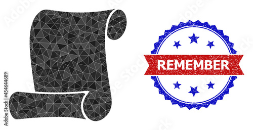 Low-poly paper roll polygonal symbol illustration, and grunge bicolor rosette seal stamp, in red and blue colors. Mosaic paper roll designed of scattered filled triangles.