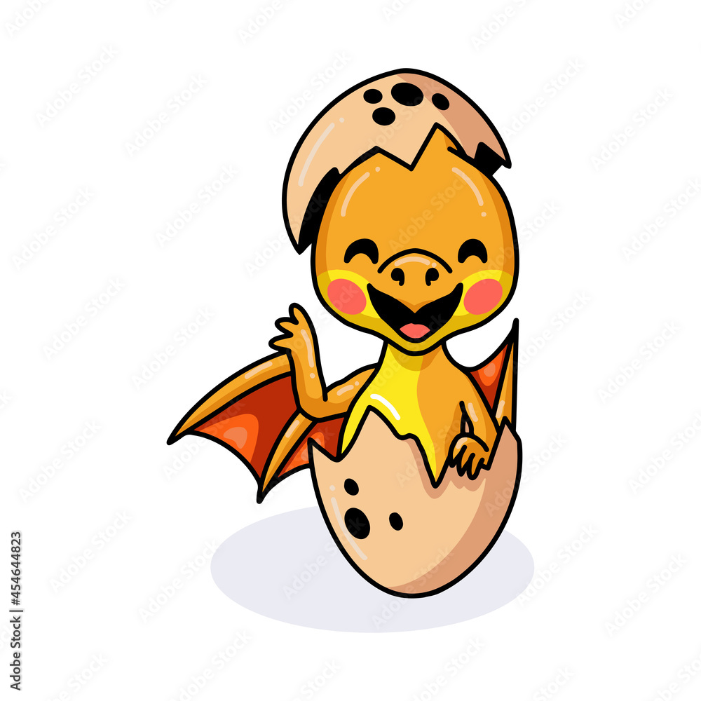 Obraz premium Cute red little dragon cartoon hatching from egg and waving hand
