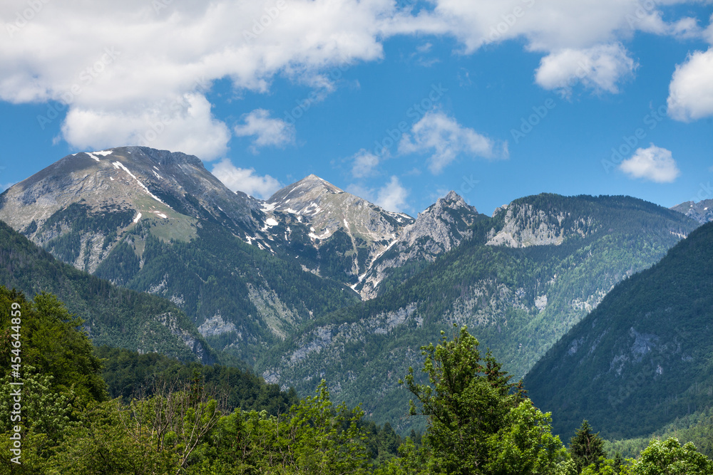 Triglav, Mali Draski, Tosc and Skrlatica mounts in the Julian Alps, in Slovenia, by Bohinj,  during a sunny afternoon in summer. Triglav vrh is the highest peak and mountain of Slovenia. ..