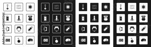 Set Naval mine, Rocket, Hand smoke grenade, Sapper shovel, Hiking backpack, Barbed wire, and Brass knuckles icon. Vector