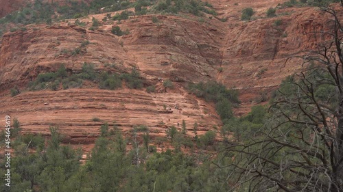 Long shot of hikers ascending a massive red rock mountain photo