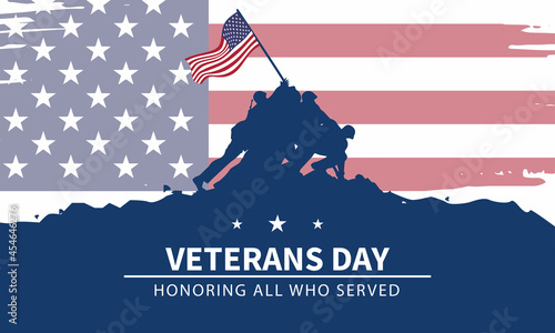 Veteran's day poster.Honoring all who served. Veteran's day illustration with american flag and soldiers
