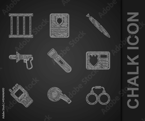 Set Flashlight, Whistle, Handcuffs, Police badge with id case, Walkie talkie, megaphone, Marijuana joint and Prison window icon. Vector