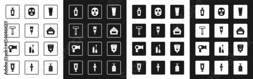 Set Cream or lotion cosmetic tube, Shaving razor, Bottle of shampoo, Facial mask, Epilator and Hair dryer icon. Vector